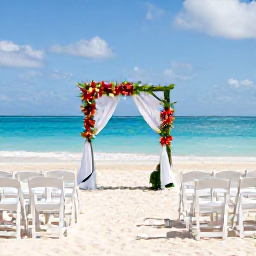 Caribbean Holidays, February Weddings, An elegant beachfront wedding ceremony in Turks and Caicos with white chairs, tropical flowers and turquoise sea