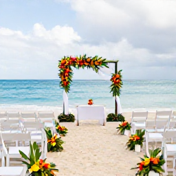 Caribbean Holidays, February Weddings, An elegant beachfront wedding ceremony on Saint Kitts, with white chairs, tropical flowers and the sea in the background