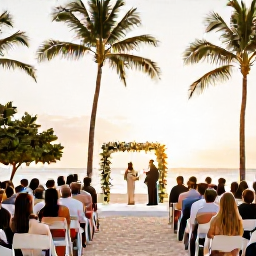 Caribbean Holidays, February Weddings, An elegant outdoor wedding ceremony on an Aruba beach at sunset, with guests seated beneath palm trees and warm golden light