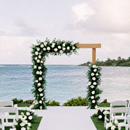 Caribbean Holidays, February Weddings, An elegant outdoor wedding ceremony overlooking a calm Caribbean bay, decorated with simple white flowers and natural greenery on Tortola