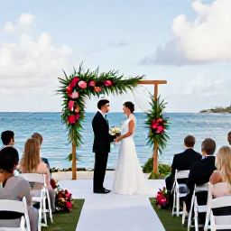 Caribbean Holidays, February Weddings, An elegant seaside wedding ceremony in Saint Barth&eacute;lemy, with white chairs, tropical flowers and a calm blue sea behind the couple
