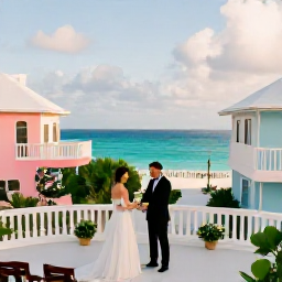 Caribbean Holidays, February Weddings, Bermuda wedding ceremony on a coastal terrace with pastel buildings, turquoise water and gentle winter sunshine