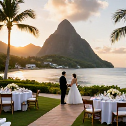 Caribbean Holidays, February Weddings, Bride and groom enjoying a Saint Lucia wedding reception with tropical dining and sunset views