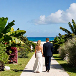 Caribbean Holidays, February Weddings, Bride and groom enjoying a sunny February stroll along Bermuda Railway Trail with coastal views and lush greenery