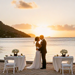 Caribbean Holidays, February Weddings, Bride and groom enjoying a sunset reception beside the sea in the United States Virgin Islands, with tropical table decorations and soft golden light