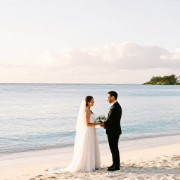 Caribbean Holidays, February Weddings, Bride and groom exchanging vows beside a calm Caribbean beach in Saint Martin in February, with white sand, turquoise water and soft morning light
