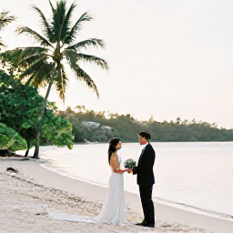 Caribbean Holidays, February Weddings, Bride and groom exchanging vows beside a calm Caribbean beach on Saint Kitts, with tropical greenery and soft morning light