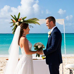 Caribbean Holidays, February Weddings, Bride and groom exchanging vows on a sunny Caribbean beach in Saint Martin during February, with turquoise water and elegant tropical wedding details