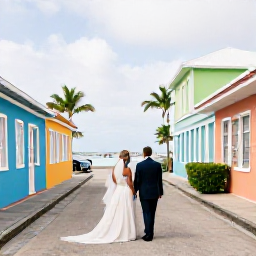 Caribbean Holidays, February Weddings, Bride and groom exploring a colourful Bahamian street and harbour after their wedding