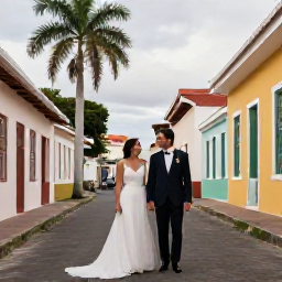 Caribbean Holidays, February Weddings, Bride and groom exploring a colourful Martinique town street with French-Caribbean architecture and palm trees