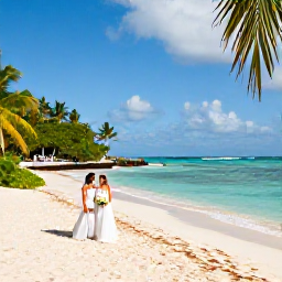 Caribbean Holidays, February Weddings, Bride and groom on a sunlit Jamaican beach in February, with turquoise sea, white sand and palm trees
