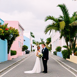 Caribbean Holidays, February Weddings, Bride and groom posing for wedding photographs in Bermuda's historic streets with pastel houses and tropical greenery