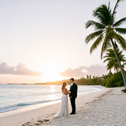 Caribbean Holidays, February Weddings, Bride and groom standing on a quiet white-sand beach in the British Virgin Islands at sunset, with turquoise water and palm trees