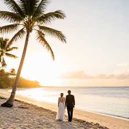 Caribbean Holidays, February Weddings, Bride and groom walking along a quiet Tobago beach after their February wedding, with palm trees, golden light and calm Caribbean waves