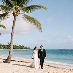 Caribbean Holidays, February Weddings, Bride and groom walking beside a palm-fringed beach in Saint Lucia during a sunny February afternoon
