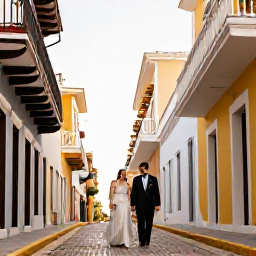 Caribbean Holidays, February Weddings, Bride and groom walking through colourful Old San Juan streets with historic Spanish buildings, balconies and warm afternoon light