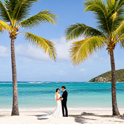 Caribbean Holidays, February Weddings, Couple enjoying wedding photographs beside turquoise water and palm trees on a quiet U.S. Virgin Islands beach