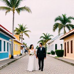 Caribbean Holidays, February Weddings, Couple exploring a Dominican Republic coastal town after their wedding, colourful buildings, palm-lined street and relaxed Caribbean atmosphere