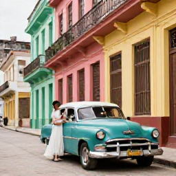 Caribbean Holidays, February Weddings, Couple exploring colourful Havana street after their wedding, classic cars, colonial buildings and warm afternoon light