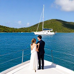 Caribbean Holidays, February Weddings, Couple sailing between the British Virgin Islands on a sunny February day, bright blue sea, green islands and white yacht