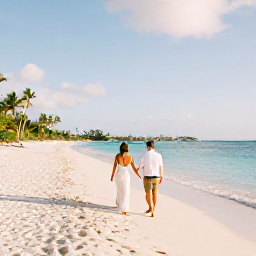 Caribbean Holidays, February Weddings, Couple walking along a quiet white sand beach in Saint Martin, gentle February sunshine, calm turquoise sea and palm trees