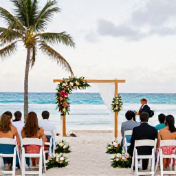 Caribbean Holidays, February Weddings, Elegant beach wedding ceremony in Cuba with white chairs, tropical flowers, gentle waves and guests in smart relaxed clothing