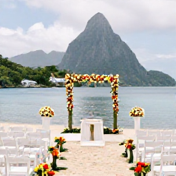 Caribbean Holidays, February Weddings, Elegant beach wedding ceremony in Saint Lucia with white chairs, tropical flowers and the Pitons in the distance