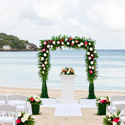 Caribbean Holidays, February Weddings, Elegant beach wedding ceremony in St Thomas, United States Virgin Islands, with white chairs, tropical flowers and a calm blue sea