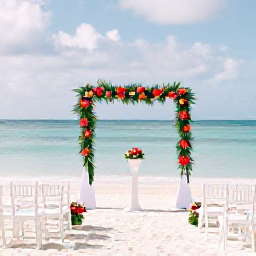 Caribbean Holidays, February Weddings, Elegant beach wedding ceremony in the Caribbean with white chairs, tropical flowers and a calm blue sea