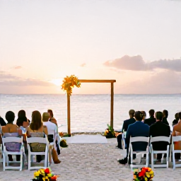 Caribbean Holidays, February Weddings, Elegant beach wedding set-up on Tobago, with white chairs, tropical flowers, a simple arch and guests overlooking a calm sunset sea