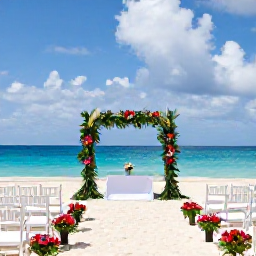 Caribbean Holidays, February Weddings, Elegant beachfront wedding ceremony in Jamaica with white chairs, tropical flowers and the Caribbean Sea