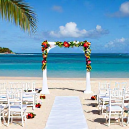 Caribbean Holidays, February Weddings, Elegant beachfront wedding ceremony in Martinique with white chairs, tropical flowers and turquoise sea