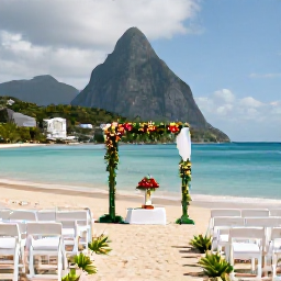 Caribbean Holidays, February Weddings, Elegant beachfront wedding ceremony in Saint Lucia with white chairs, tropical flowers and turquoise sea