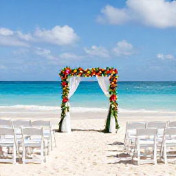 Caribbean Holidays, February Weddings, Elegant beachfront wedding ceremony in The Bahamas with white chairs, tropical flowers and turquoise water