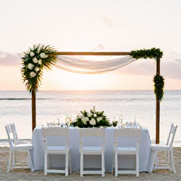 Caribbean Holidays, February Weddings, Elegant Caribbean wedding reception on a Saint Kitts beach at sunset, with white chairs, simple flowers and the sea beyond