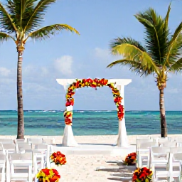 Caribbean Holidays, February Weddings, Elegant outdoor wedding ceremony beside a Dominican Republic beach resort, white chairs, tropical flowers, palm trees and blue Caribbean water