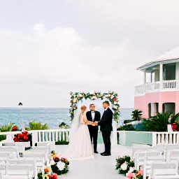Caribbean Holidays, February Weddings, Elegant seaside wedding ceremony on a Bermuda terrace with pastel buildings, flowers and calm blue water