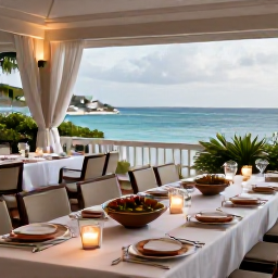 Caribbean Holidays, February Weddings, Elegant wedding reception at a Caribbean restaurant in Grand Case, Saint Martin, with candlelit tables, local food and ocean views