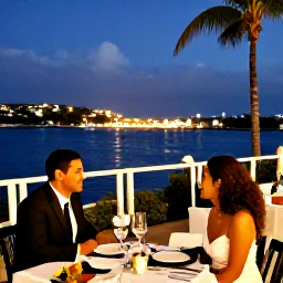 Caribbean Holidays, February Weddings, Happy newlywed couple dining at a waterfront restaurant in Sint Maarten at night, with gentle lights, palm trees and the Caribbean sea beyond