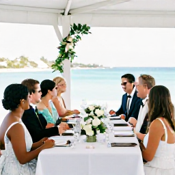 Caribbean Holidays, February Weddings, Happy newlyweds and wedding guests sharing an elegant reception meal at a Bermuda waterfront venue in February