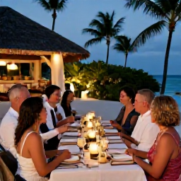 Caribbean Holidays, February Weddings, Happy wedding guests dining outdoors at a Jamaican resort in the evening, with tropical d&eacute;cor and soft lights