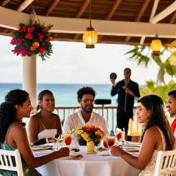 Caribbean Holidays, February Weddings, Happy wedding guests enjoying a Cuban reception on a resort terrace, colourful flowers, lanterns, tropical drinks and live music