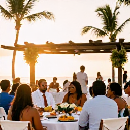 Caribbean Holidays, February Weddings, Happy wedding guests enjoying a relaxed Caribbean reception in the Dominican Republic, tropical decorations, local food and sunset light