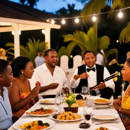 Caribbean Holidays, February Weddings, Happy wedding guests enjoying a relaxed Caribbean reception outdoors in Trinidad and Tobago, with tropical food, gentle lights and live local music