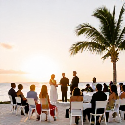 Caribbean Holidays, February Weddings, Happy wedding guests enjoying a relaxed outdoor reception beside the sea in The Bahamas at sunset