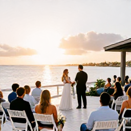 Caribbean Holidays, February Weddings, Happy wedding guests enjoying a relaxed reception on a Bermuda waterfront terrace at sunset