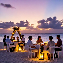 Caribbean Holidays, February Weddings, Happy wedding guests enjoying a sunset reception on a Caribbean beach with lanterns, tropical flowers and dining tables