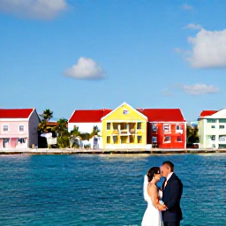 Caribbean Holidays, February Weddings, Newly married couple exploring Philipsburg waterfront in Sint Maarten, colourful buildings, palm trees and bright Caribbean sunshine