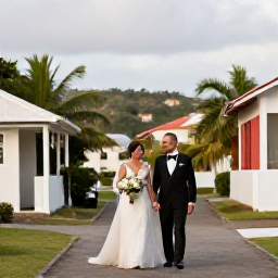Caribbean Holidays, February Weddings, Newly married couple walking hand in hand through a historic Caribbean village in Saint Kitts after their wedding