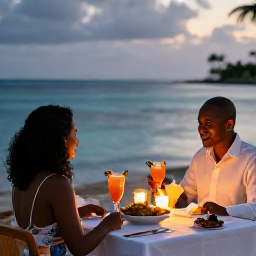 Caribbean Holidays, February Weddings, Newlywed couple enjoying a candlelit dinner beside the sea in Martinique with Creole dishes and tropical drinks